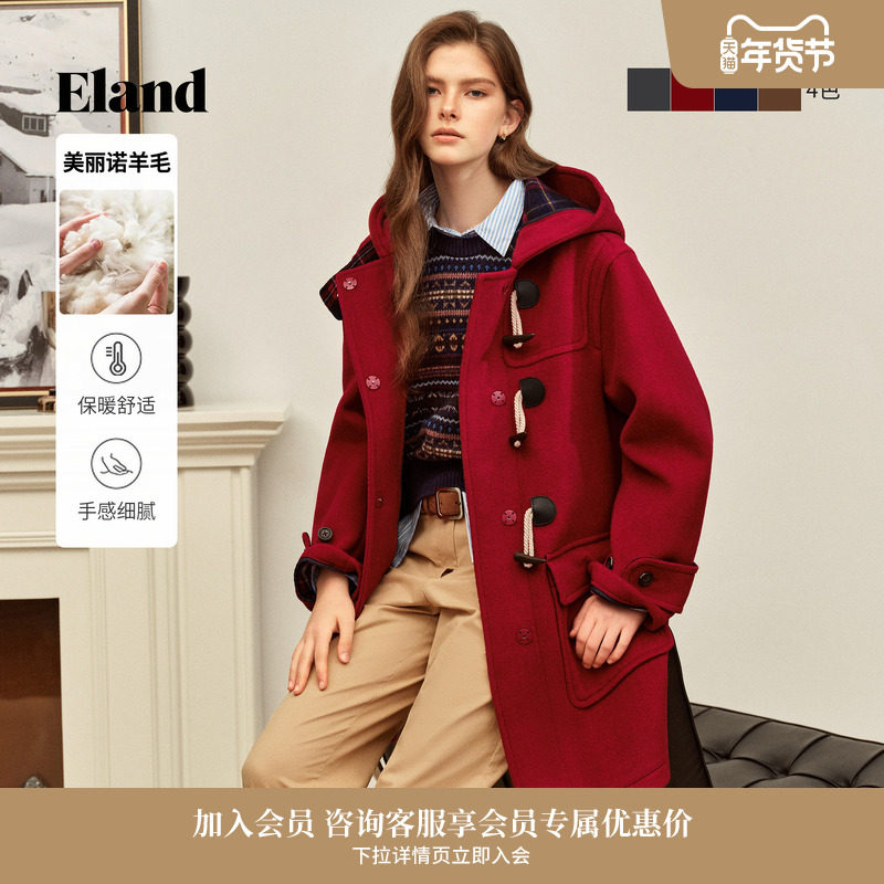 【经典长期主义】Eland衣恋毛呢外套女牛角扣羊毛大衣2025冬新款