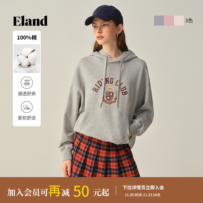 【100%棉】Eland衣恋卫衣女印花落肩阔版连帽上衣2025秋季新款