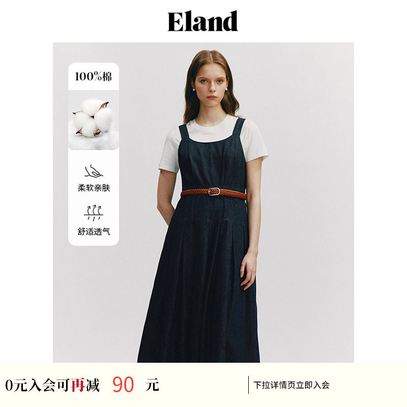 Eland衣恋纯棉背带连衣裙美式度假风复古牛仔裙子夏季款