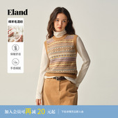 新款 Eland衣恋马夹女时尚 2025冬季 圆领撞色提花上衣短款 无袖