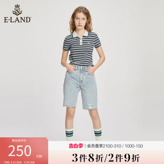 Eland衣恋潮酷个性美式设计感剪边破洞牛仔短裤女休闲牛仔裤