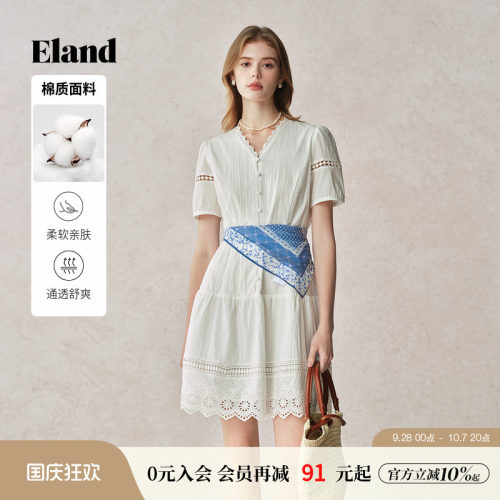 ELAND连衣裙蕾丝收腰v领