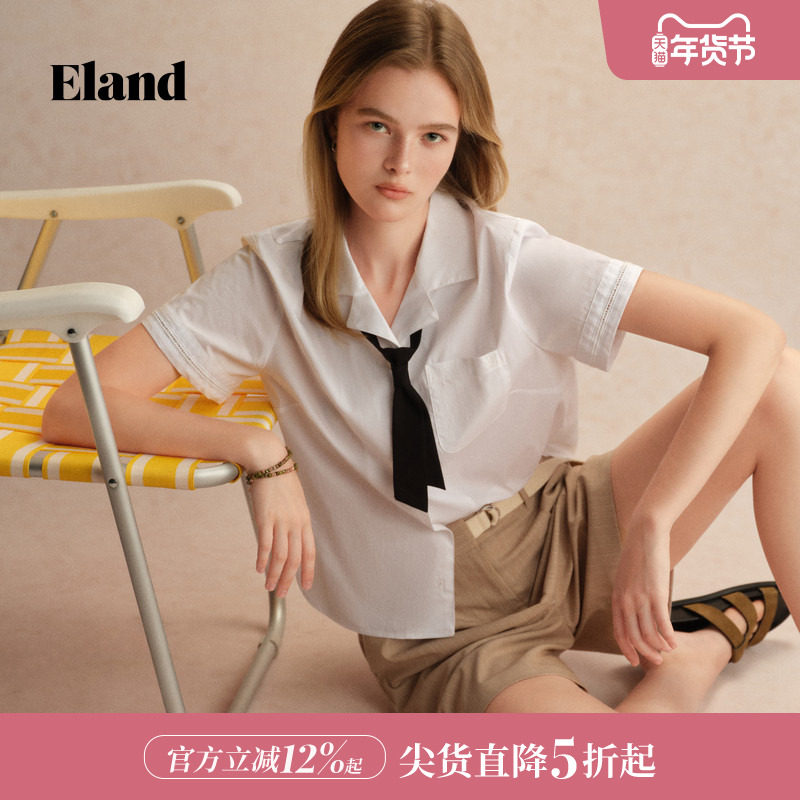 Eland衣恋衬衫女古巴领袖口蕾丝边学院风领结短袖上衣25夏季新款
