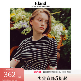 口裙子女夏季 Eland衣恋连衣裙长款 显瘦撞色条纹镂空袖