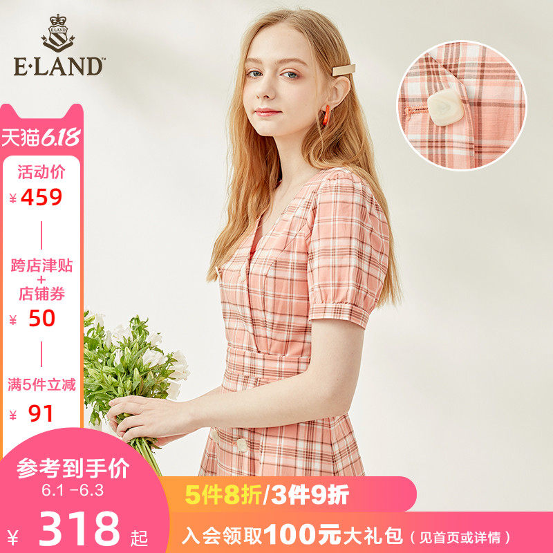ELAND2020年夏季新款V领经典格子收腰双排扣连衣裙女EEOWA6302I