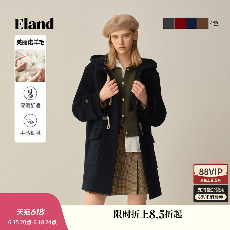 【经典长期主义】Eland衣恋毛呢外套女牛角扣羊毛大衣冬新款