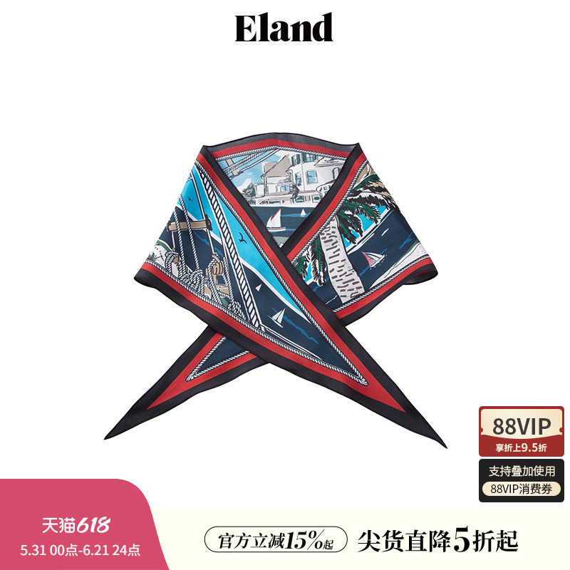 Eland衣恋丝巾女色彩鲜艳印花洋气百搭小领巾围脖夏