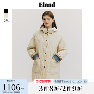 新款 Eland衣恋棉服女老钱风宽松廓型时尚 菱格连帽外套2024春季