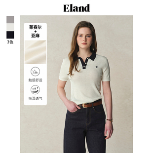 25夏新款 Eland衣恋针织T恤女polo领撞色门襟短袖 莱赛尔＋亚麻