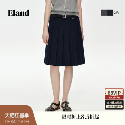 ELAND纯色A字百褶裙学院风