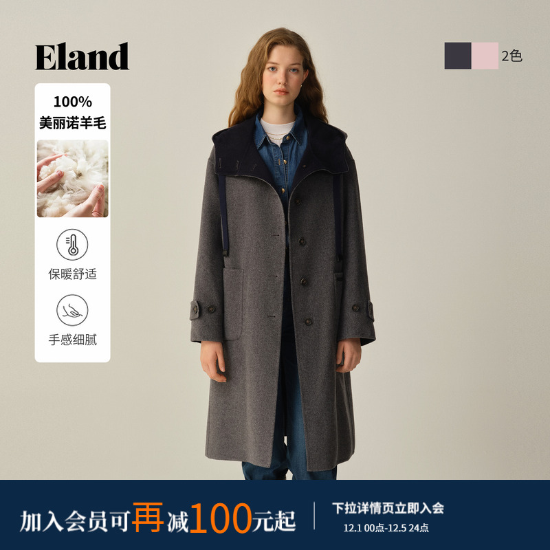 ELAND毛呢外套单排扣长款绵羊毛