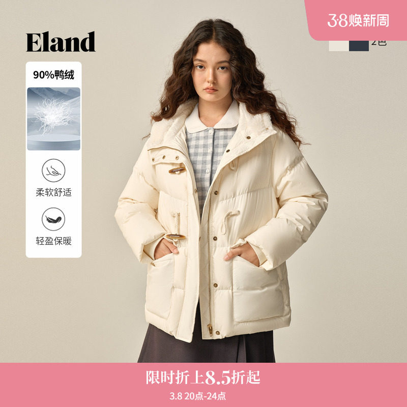 【羽绒】Eland衣恋鸭绒服女时尚带帽长袖牛角扣外套2025冬季新款