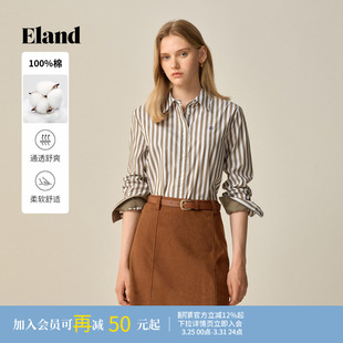 条纹上衣冬季 女通勤翻领长袖 Eland衣恋衬衫 新款 100&棉
