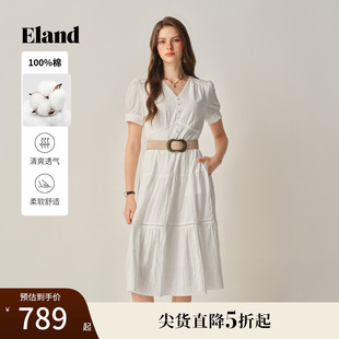 Eland衣戀連衣裙女短袖 收腰純棉裙子2025秋季 新款 桔梗裙