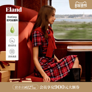 【优可丝】Eland衣恋连衣裙女气质圆领收腰短袖格纹裙2026春新款