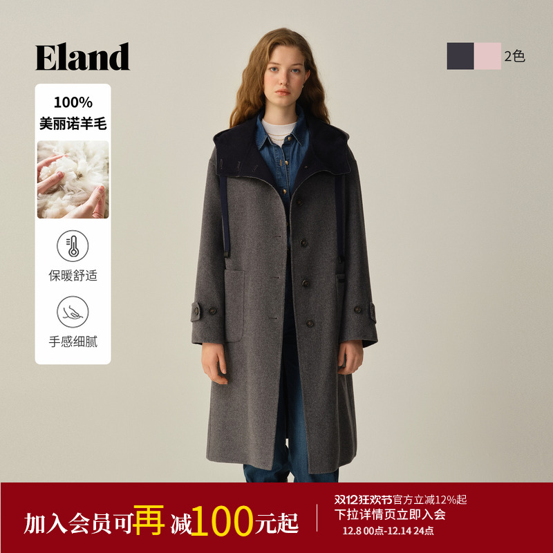ELAND毛呢外套单排扣长款绵羊毛