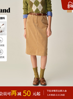 Eland衣恋半身裙女纯色休闲直筒裙开衩中长裙2025冬季新款