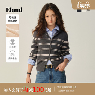 【可机洗羊毛】Eland衣恋毛针织衫女条纹针织连帽衫2025冬季新款