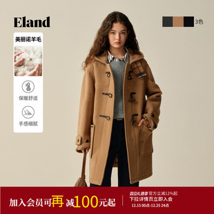 ELand衣恋毛呢外套女牛角扣加厚羊毛大衣2025冬新 美丽诺羊毛