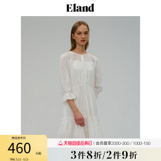 Eland衣恋连衣裙甜美风纯色蕾丝圆领长袖打底裙子女夏季