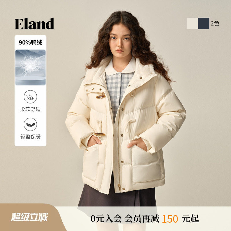 【羽绒】Eland衣恋鸭绒服女时尚带帽长袖牛角扣外套冬季新款