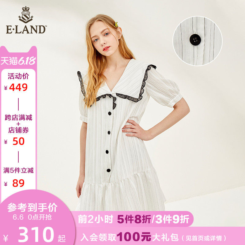 ELAND2020夏季新款娃娃领海军风黑色纽扣显瘦连衣裙女EEOWA66Q6I