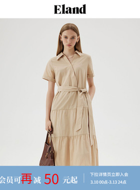 【枫叶裙】Eland衣恋衬衫连衣裙女V领合体长款裙子夏季款