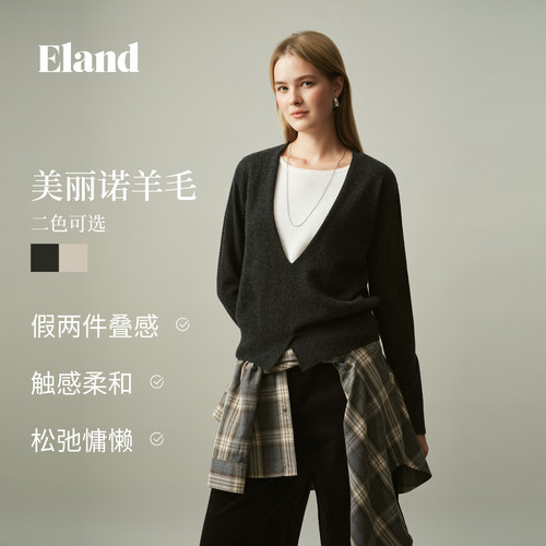 ELAND假两件深V领针织衫