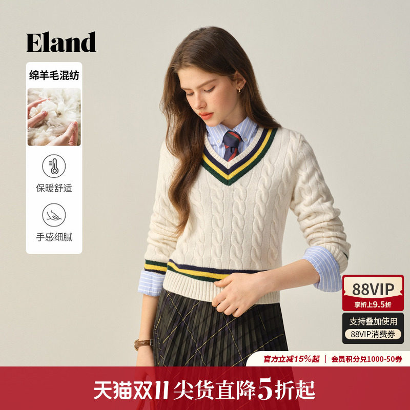 ELAND毛衣V领撞色针织衫
