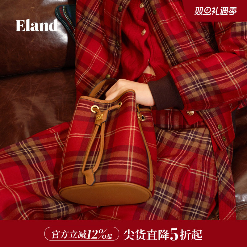 ELAND水桶包格纹单肩斜挎包