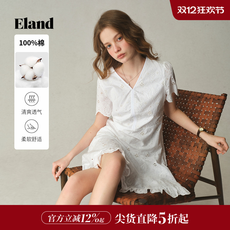 ELAND连衣裙蕾丝v领荷叶边中高腰
