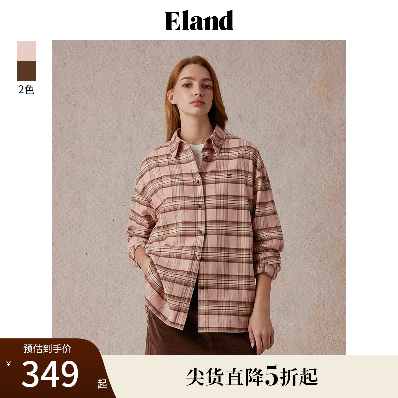 Eland衣恋衬衫女学院风纯棉舒适格纹宽松长袖上衣