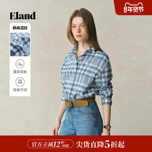 【30%亚麻】Eland衣恋衬衫女学院风宽松格纹通勤上衣2025夏季新款