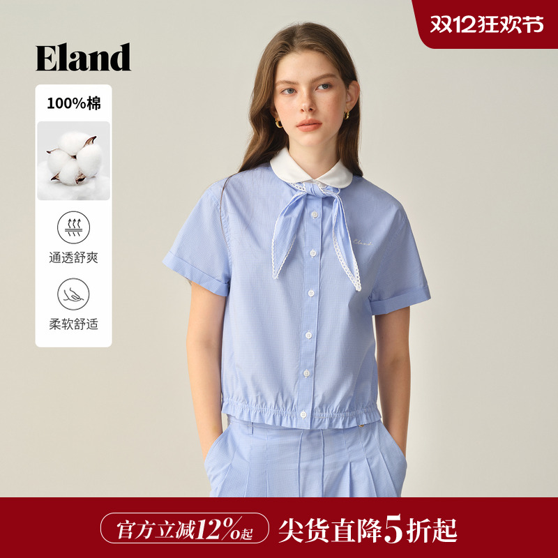 ELAND衬衫格纹带领结短袖