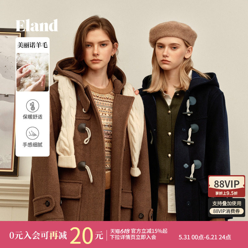 【经典长期主义】Eland衣恋毛呢外套女牛角扣羊毛大衣冬新款