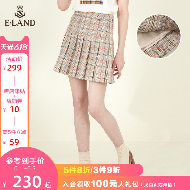 ELAND2020夏季新款学院风百褶裙格子半身裙甜美减龄EEWHA6112I