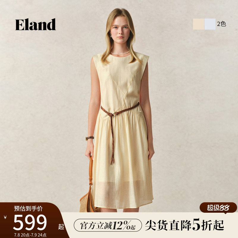 ELAND连衣裙圆领无袖纯色中长薄