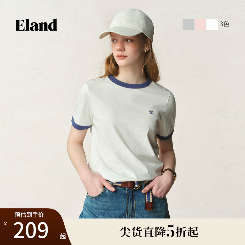 【100%棉】Eland衣恋T恤女撞色圆领设计舒适短袖上衣2025秋季新款