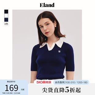 T恤女撞色翻领敞口针织衫 Eland衣恋短袖 上衣女休闲风夏新款