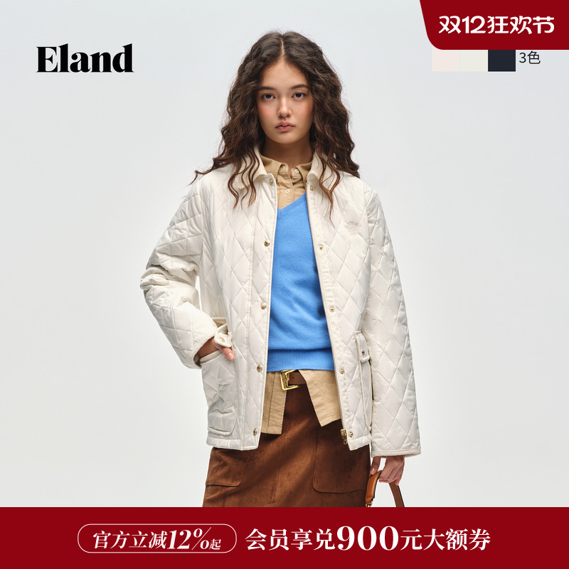 ELAND菱格翻领小香风棉服外套