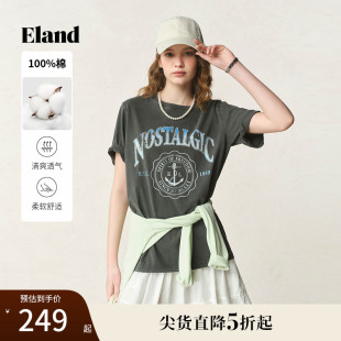 新款 100%棉 Eland衣恋T恤女学院海军风印花宽松短袖 2025夏季