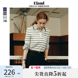 复古撞色条纹格雷系刺绣图案上衣 Eland衣恋短袖 毛衣女夏季