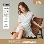 新款 中高腰裙2025夏季 100%棉 Eland衣恋连衣裙女蕾丝v领荷叶袖