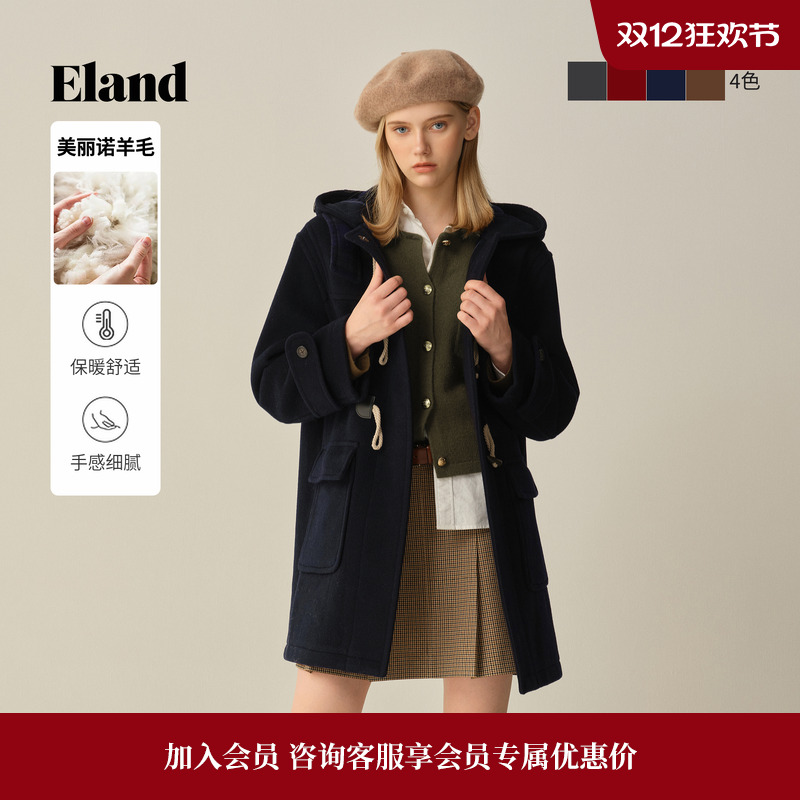 ELAND毛呢外套100%绵羊毛连帽