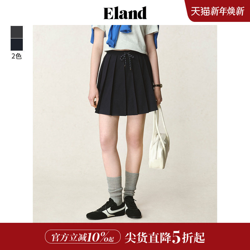 Eland衣恋半身裙女a字腰绳设计斜插口袋百褶通勤短裙2025夏季新款