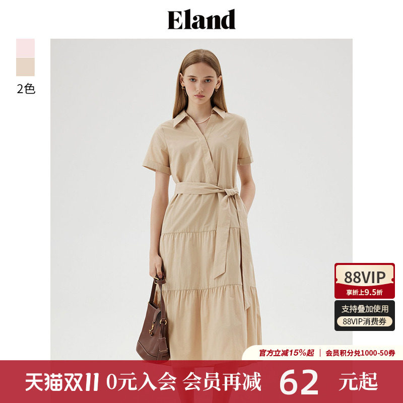 【枫叶裙】Eland衣恋衬衫连衣裙女V领合体长款裙子夏季款