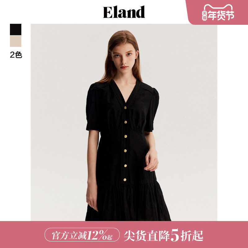 Eland衣恋衬衫短袖连衣裙泡泡袖冰丝裙子女夏季