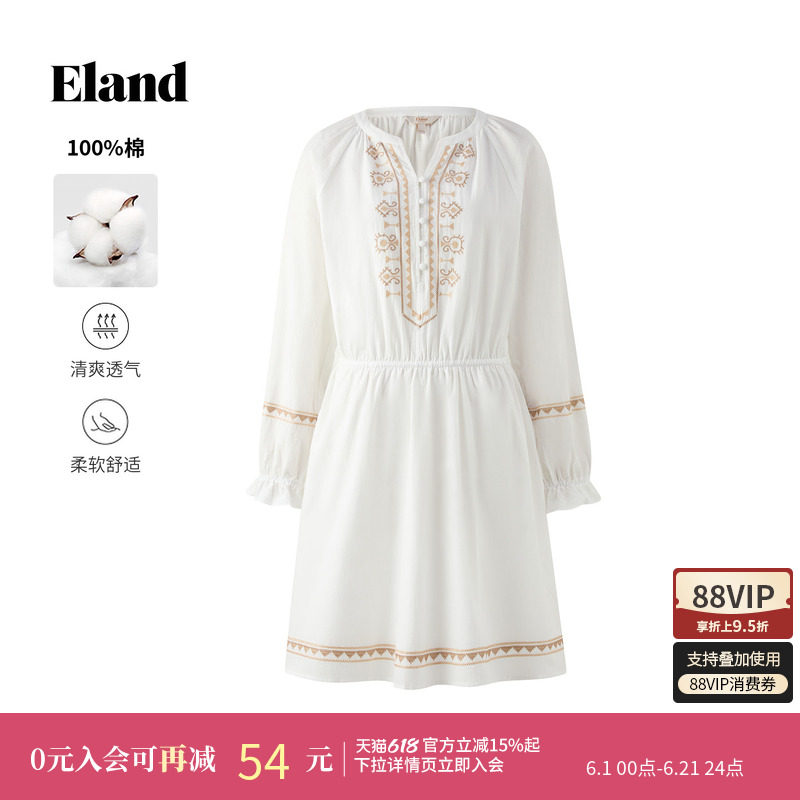 【100%棉】Eland衣恋连衣裙女气质刺绣长袖度假裙子秋冬