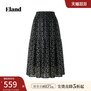 新款 Eland衣恋半身裙女a字logo金属标碎花中长款 度假裙子2025夏季