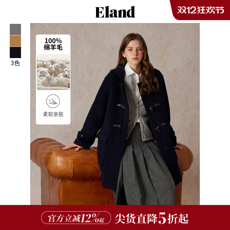 ELAND100%绵羊毛牛角扣大衣